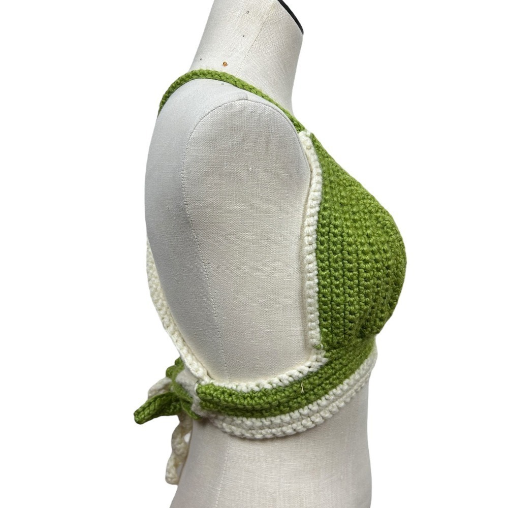 Handmade Green Cream Crochet Tie Back Bralette M - Picture 3 of 4